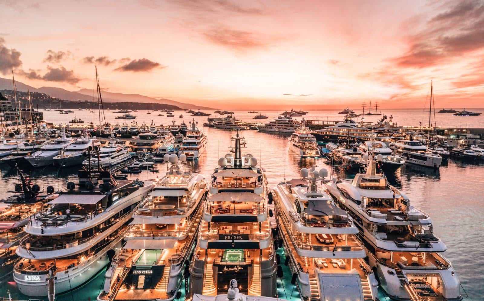 Monaco harbour yachts at sunset